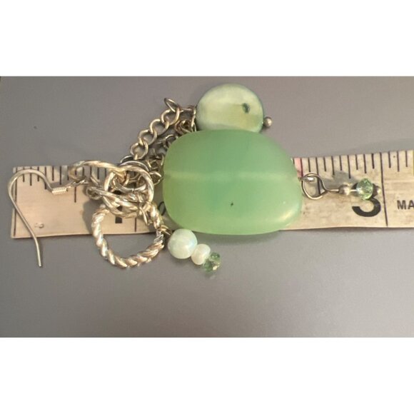 Vintage Green Sea Glass Faux Pearl Dangle Earrings Silver Tone Hook Estate 3" - Picture 4 of 4